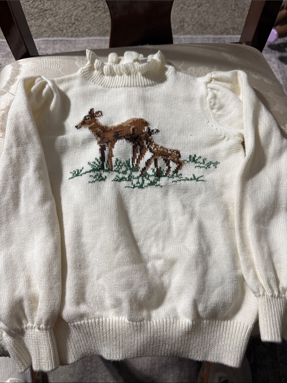 Janie and Jack Ivory Knit Ruffled Turtleneck Sweater with Deer Motif